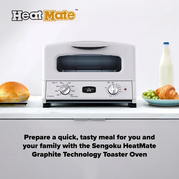 Sengoku HeatMate Graphite Technology white Toaster Oven with food items on a white background