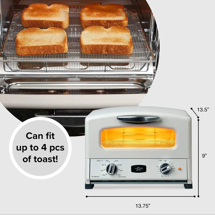 Toaster oven with toast on a rack and dimensions displayed