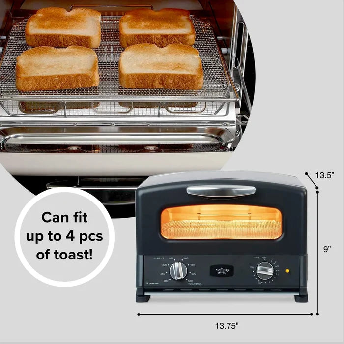 Toaster oven with toast and dimensions displayed