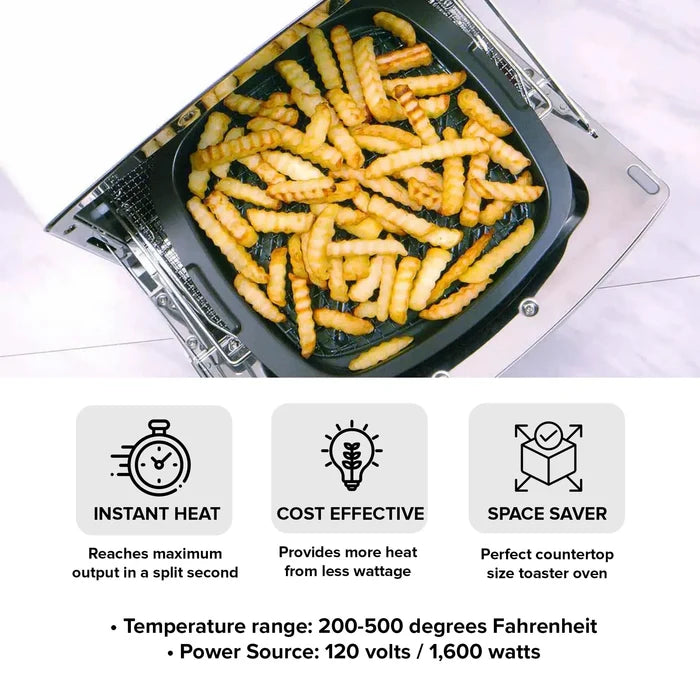 Top-down view of a black rectangular toaster oven tray filled with crinkle-cut french fries, shown above feature callout icons reading Instant Heat, Cost Effective, and Space Saver, with temperature and power specs below on a white background.