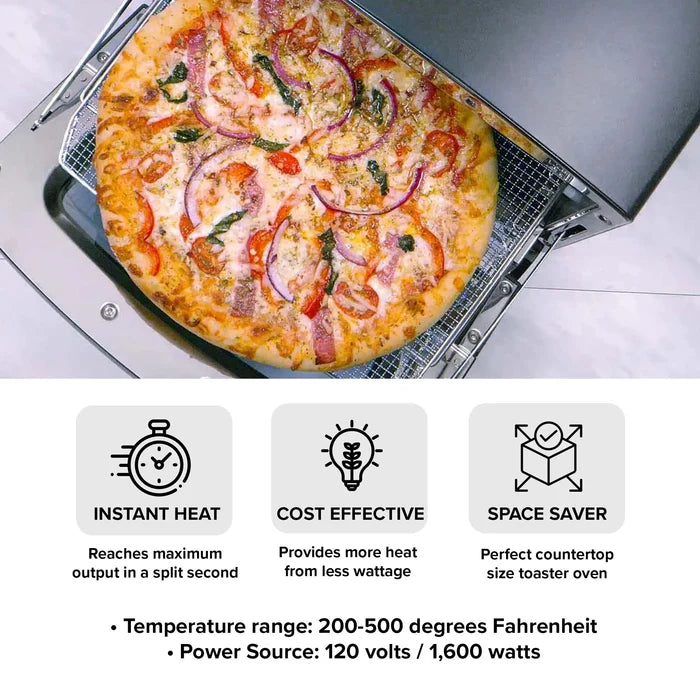 Pizza being cooked in a toaster oven with features listed below.