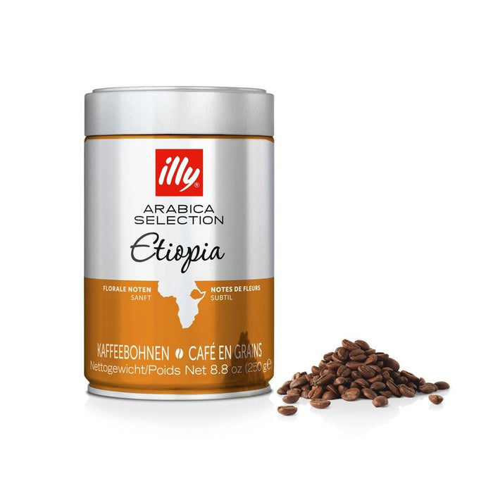 Illy coffee can with coffee beans on a white background