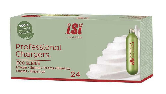 Box of isi Professional Chargers with a green bottle on a white background