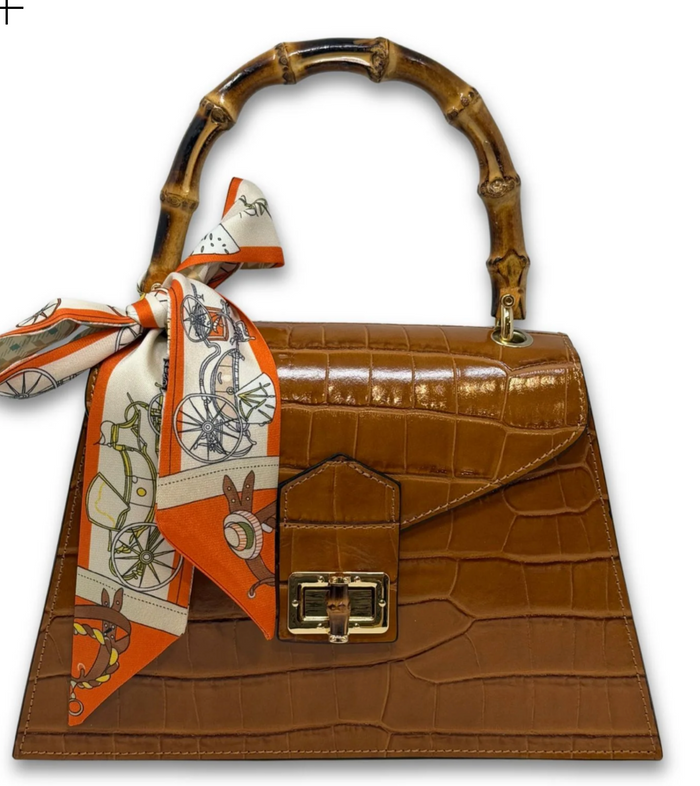 Italian Leather, Croc Embossed Handbag, camel