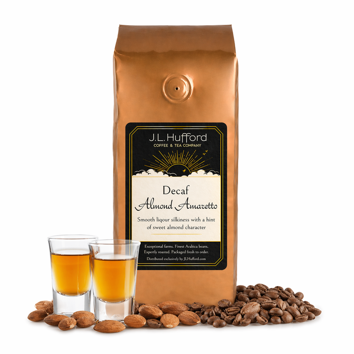 1 lb J.L. Hufford decaf Almond Amaretto coffee bag with two shot glasses of coffee, coffee beans, and almonds on a white background