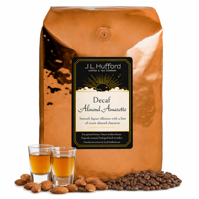5 lb J.L. Hufford decaf Almond Amaretto coffee bag with two shot glasses of coffee, coffee beans, and almonds on a white background