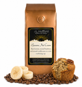 1 lb J.L. Hufford Banana Nut Cream Coffee bag with bananas, coffee beans, and muffin in front displayed on a white background