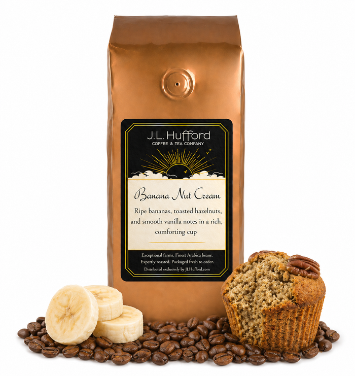 1 lb J.L. Hufford Banana Nut Cream Coffee bag with bananas, coffee beans, and muffin in front displayed on a white background