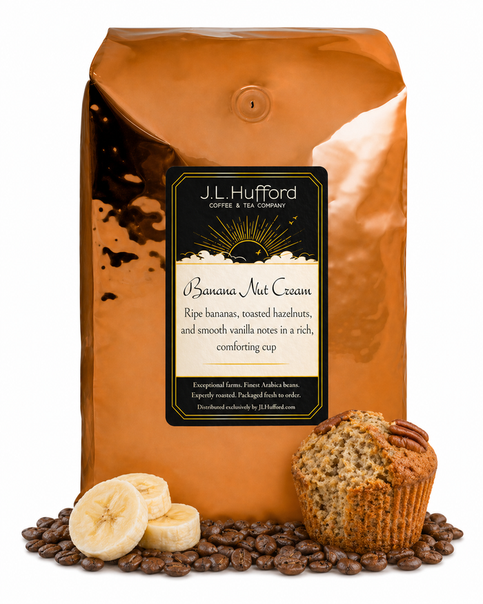 5 lb J.L. Hufford Banana Nut Cream Coffee bag with bananas, coffee beans, and muffin in front displayed on a white background
