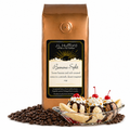 1 lb Coffee bag labeled 'Banana Split' by J.L. Hufford next to a banana split dessert and coffee beans displayed on a white background