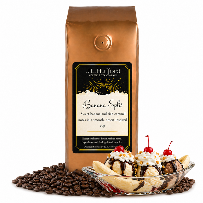 1 lb Coffee bag labeled 'Banana Split' by J.L. Hufford next to a banana split dessert and coffee beans displayed on a white background