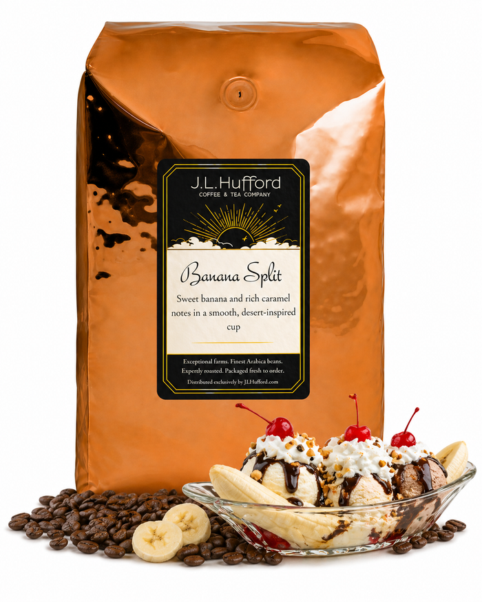 5 lb Coffee bag labeled 'Banana Split' by J.L. Hufford next to a banana split dessert and coffee beans displayed on a white background