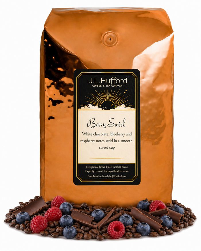 5 lb Berry Swirl coffee beans bag with coffee beans, blueberries, raspberries, and chocolate in front displayed on a white background