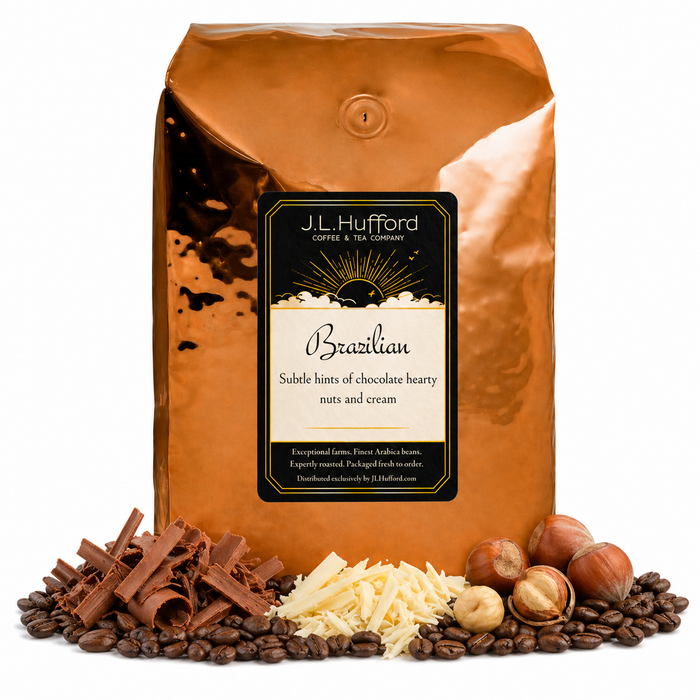 5 lb Brazilian Coffee bag with 'J.L. Hufford' branding and hazelnut, chocolate, vanilla chocolate, and coffee beans on a white background