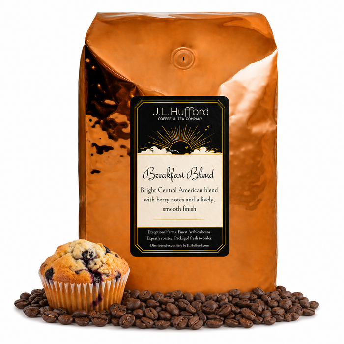 5 lb Breakfast Blend Coffee bag labeled 'J.L. Hufford' with a muffin and coffee beans on a white background