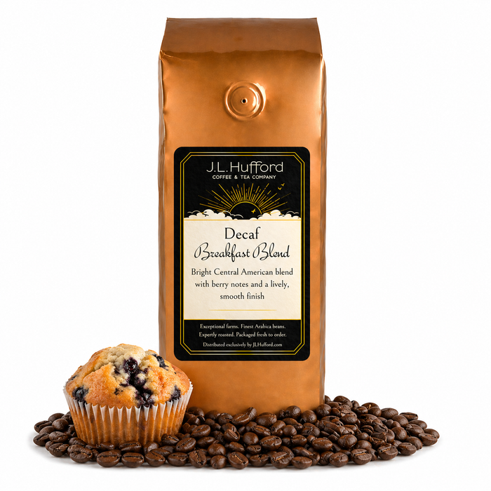1 lb Decaf Breakfast Blend Coffee bag labeled 'J.L. Hufford' with a muffin and coffee beans on a white background