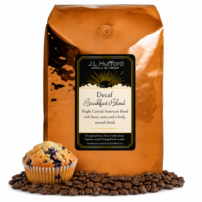 5 lb Decaf Breakfast Blend Coffee bag labeled 'J.L. Hufford' with a muffin and coffee beans on a white background