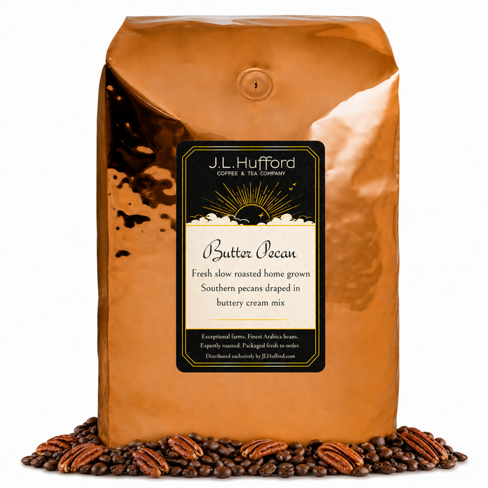 5 lb Coffee bag labeled 'Butter Pecan' by J.L. Hufford with coffee beans and pecans on a white background