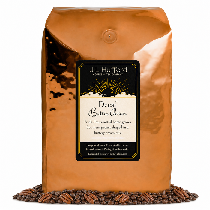 5 lb Coffee bag labeled 'Decaf Butter Pecan' by J.L. Hufford with coffee beans and pecans on a white background