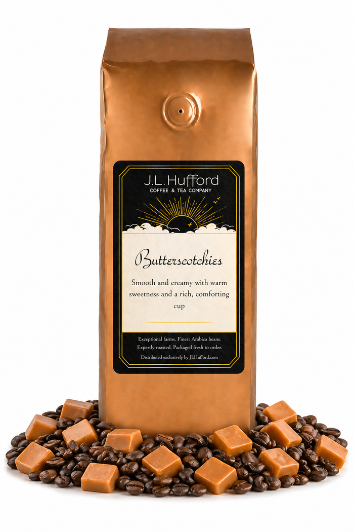 1 lb J.L. Hufford Butter Scotchies Coffee with coffee beans and butterscotch in front displayed on a white background