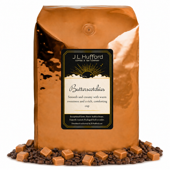 5 lb J.L. Hufford Butter Scotchies Coffee with coffee beans and butterscotch in front displayed on a white background