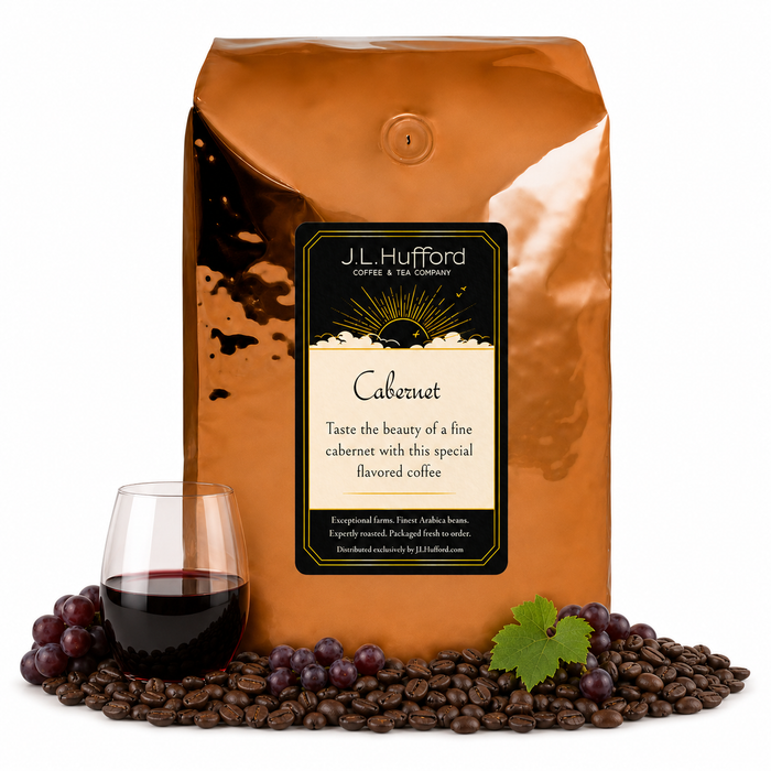 5 lb J.L. Hufford Cabernet coffee bag with coffee beans, red grapes, and a glass of cabernet on a white background