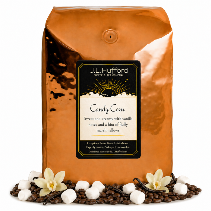 5 lb J.L. Hufford Candy Corn Coffee with coffee beans, vanilla, and marshmallows in front displayed on a white background