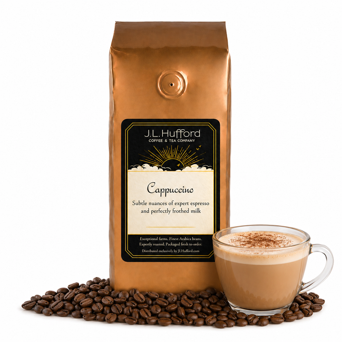 1 lb J.L. Hufford Cappuccino Coffee with coffee beans and a cappuccino in front displayed on a white background