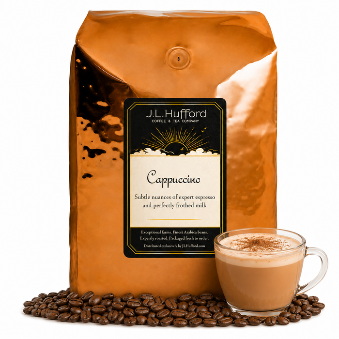 5 lb J.L. Hufford Cappuccino Coffee with coffee beans and a cappuccino in front displayed on a white background
