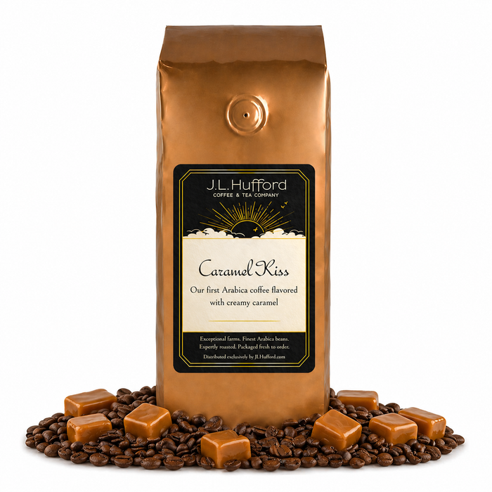 1 lb Coffee bag labeled 'Caramel Kiss' by J.L. Hufford with caramel candies and coffee beans on a white background