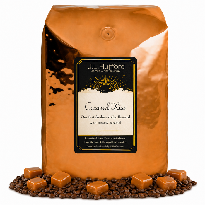 5 lb Coffee bag labeled 'Caramel Kiss' by J.L. Hufford with caramel candies and coffee beans on a white background