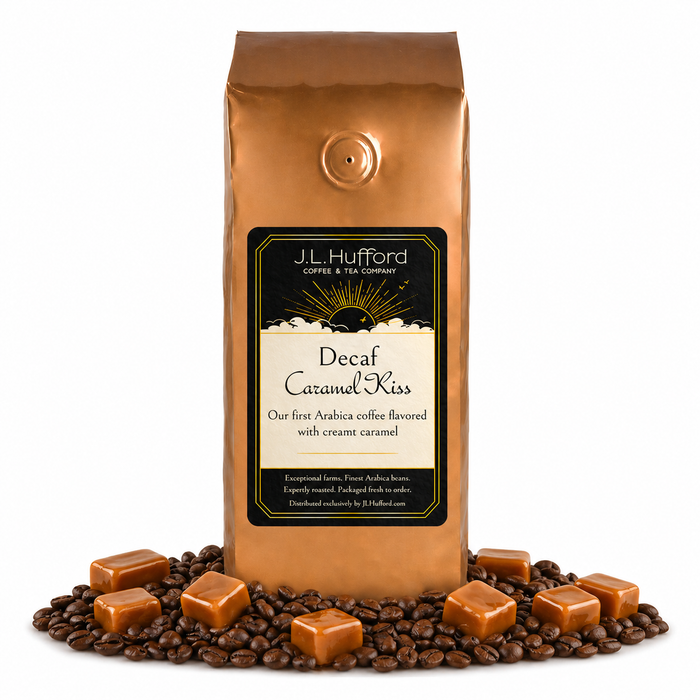 1 lb Coffee bag labeled 'Decaf Caramel Kiss' by J.L. Hufford with caramel candies and coffee beans on a white background