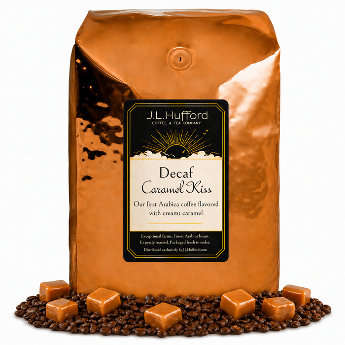 5 lb Coffee bag labeled 'Decaf Caramel Kiss' by J.L. Hufford with caramel candies and coffee beans on a white background