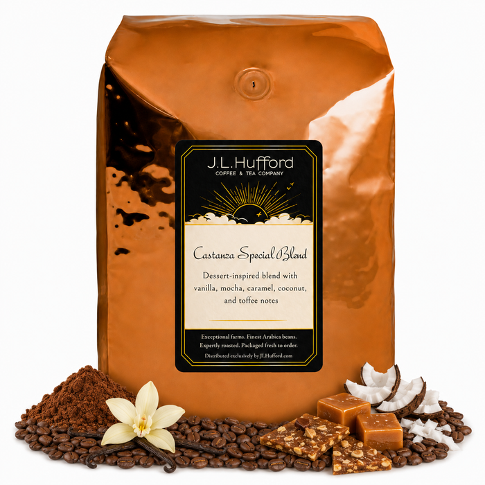5 lb J.L. Hufford Castanza Special Blend coffee bag with coffee beans, powder mocha, vanilla sticks, shaved coconut, toffee bark, and blocks of caramel on a white background