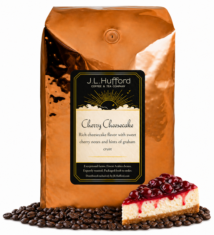 5 lb Cherry Cheesecake coffee beans bag with coffee beans and a slice of cherry cheesecake in front displayed on a white background