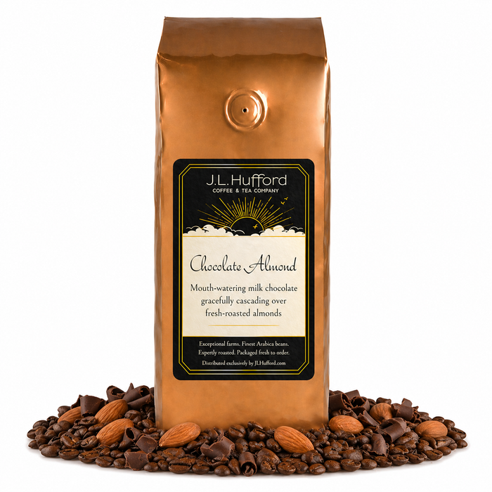 1 lb Coffee bag labeled 'Chocolate Almond' by J.L. Hufford with coffee beans, chocolate shavings, and almonds on a white background