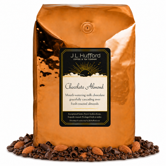 5 lb Coffee bag labeled 'Chocolate Almond' by J.L. Hufford with coffee beans, chocolate shavings, and almonds on a white background