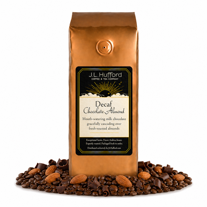 1 lb Coffee bag labeled 'Decaf Chocolate Almond' by J.L. Hufford with coffee beans, chocolate shavings, and almonds on a white background