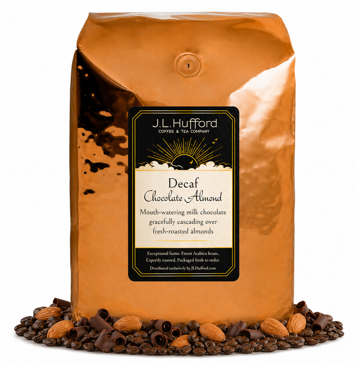 5 lb Coffee bag labeled 'Decaf Chocolate Almond' by J.L. Hufford with coffee beans, chocolate shavings, and almonds on a white background