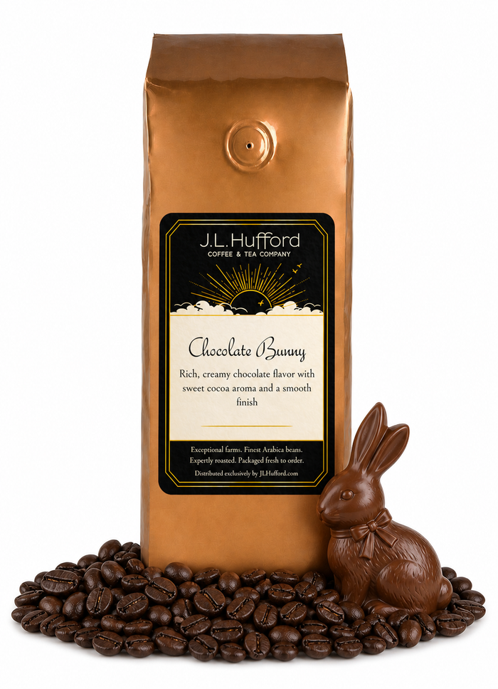 1 lb Chocolate Bunny coffee beans bag with coffee beans and chocolate bunny in front displayed on a white background
