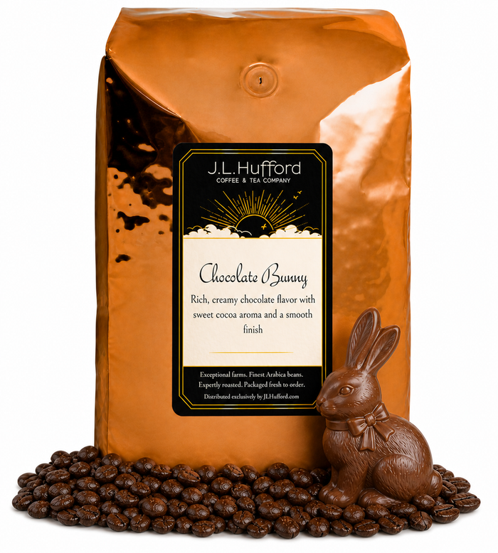 5 lb Chocolate Bunny coffee beans bag with coffee beans and chocolate bunny in front displayed on a white background