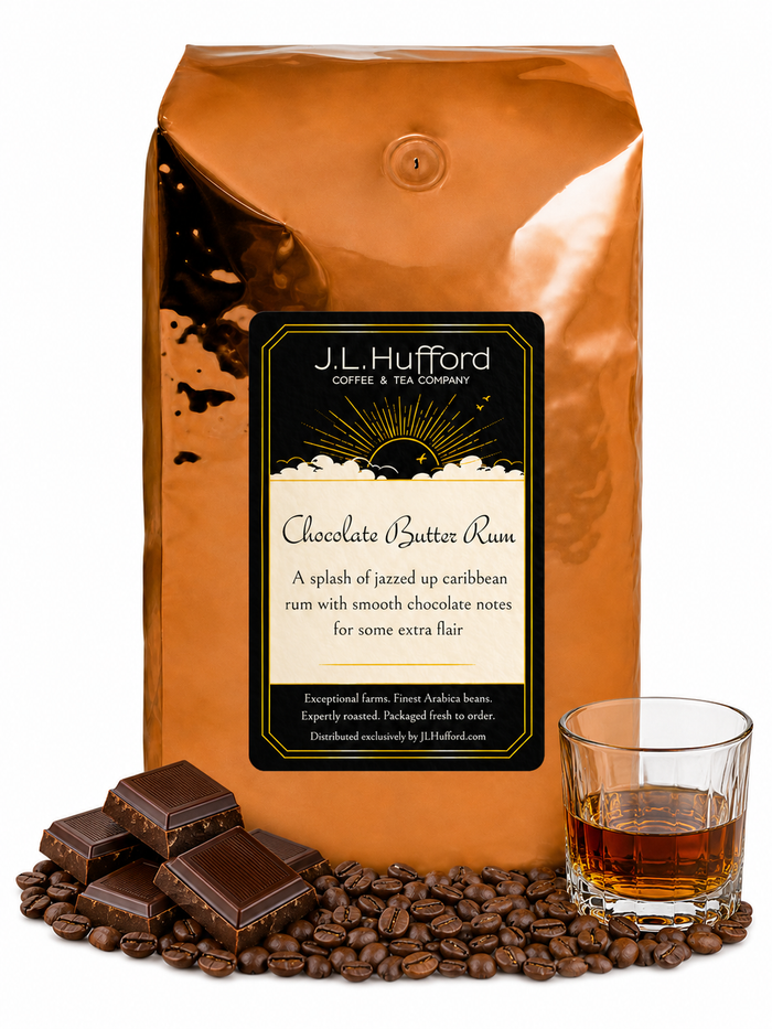 5 lb J.L. Hufford Chocolate Butter Rum coffee bag with coffee beans, milk chocolate bar, and a glass of rum on a white background