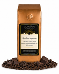 1 lb J.L. Hufford Chocolate Cappuccino Coffee with coffee beans and chocolate chunks in front displayed on a white background