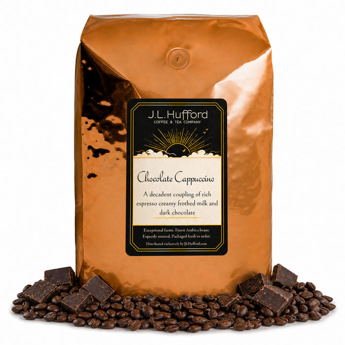 5 lb J.L. Hufford Chocolate Cappuccino Coffee with coffee beans and chocolate chunks in front displayed on a white background