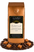 1 lb Chocolate Carmel coffee beans bag with carmel squares, chocolate flakes, and coffee beans in front displayed on a white background