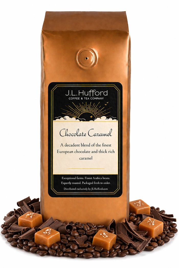 1 lb Chocolate Carmel coffee beans bag with carmel squares, chocolate flakes, and coffee beans in front displayed on a white background
