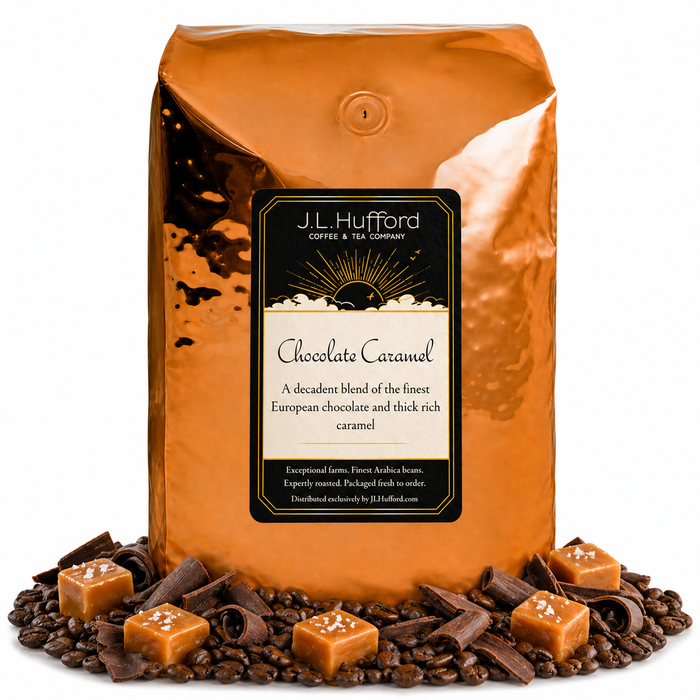 5 lb Chocolate Carmel coffee beans bag with carmel squares, chocolate flakes, and coffee beans in front displayed on a white background