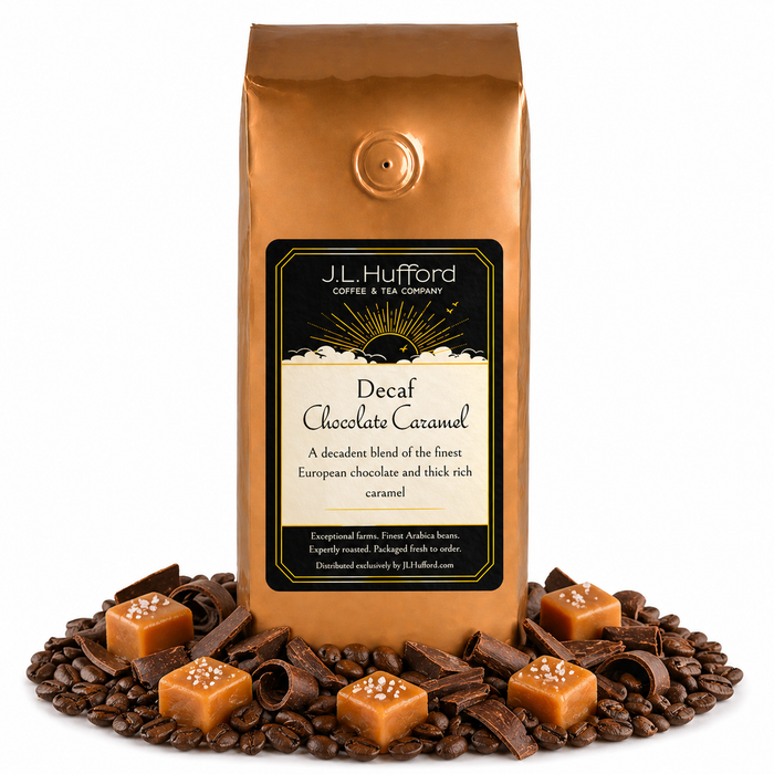 1 lb Decaf Chocolate Carmel coffee beans bag with carmel squares, chocolate flakes, and coffee beans in front displayed on a white background