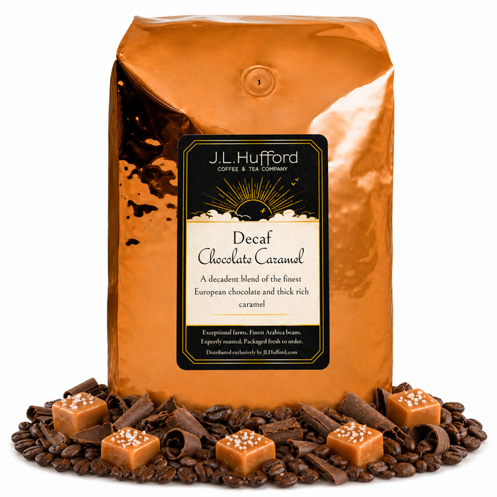 5 lb Decaf Chocolate Carmel coffee beans bag with carmel squares, chocolate flakes, and coffee beans in front displayed on a white background