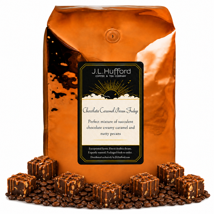 5 lb J.L. Hufford Chocolate Caramel Pecan Fudge Coffee with coffee beans and chocolate pecan fudge blocks drizzled with caramel in front displayed on a white background